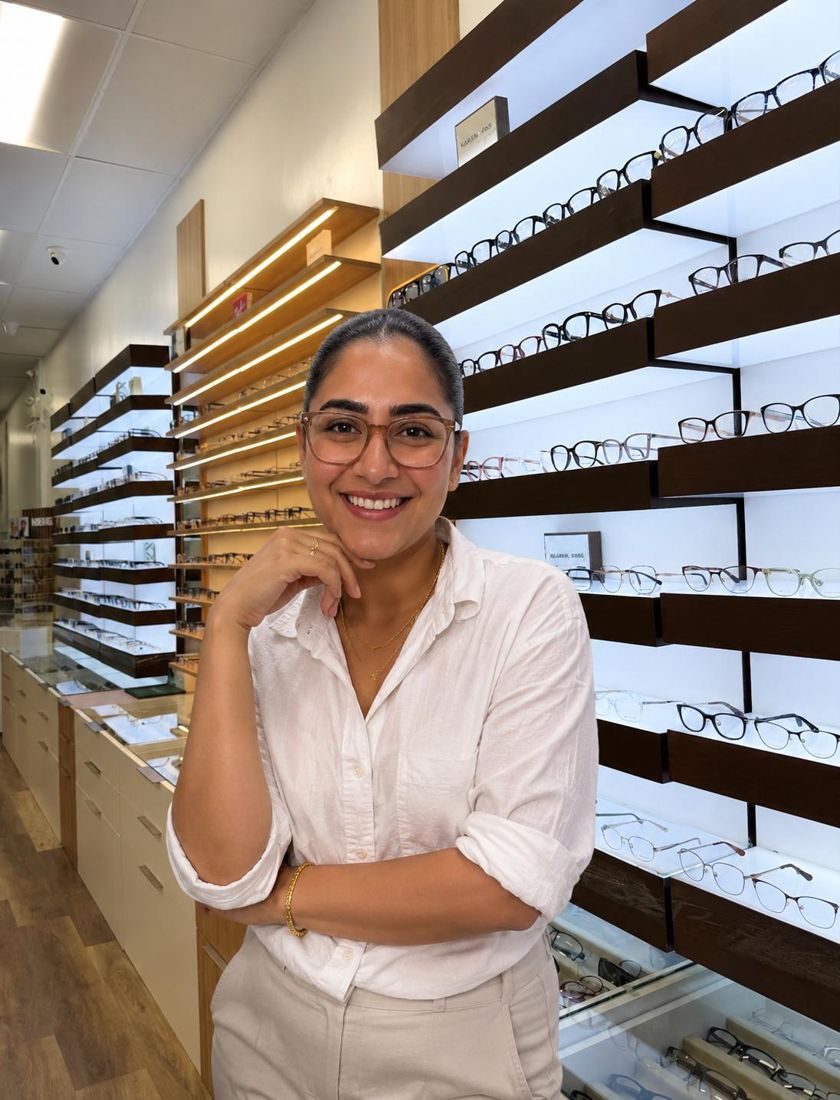 A patient wearing designer glasses at an Eyeology clinic